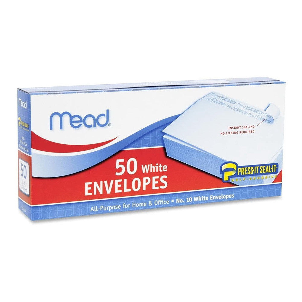 Mead #10 Press It-Seal It 4-1/8" x 9-1/2" White Plain Envelopes, 50 Ea